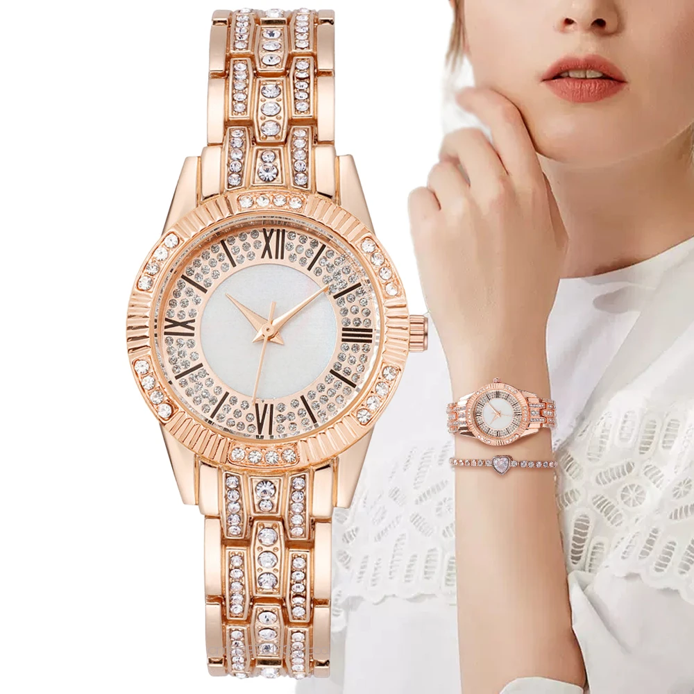 

Women luxury brand watches Fashion With Diamonds Rome Figures Design Ladies Quartz Watch Stainless Steel Strap Bracelet Clock