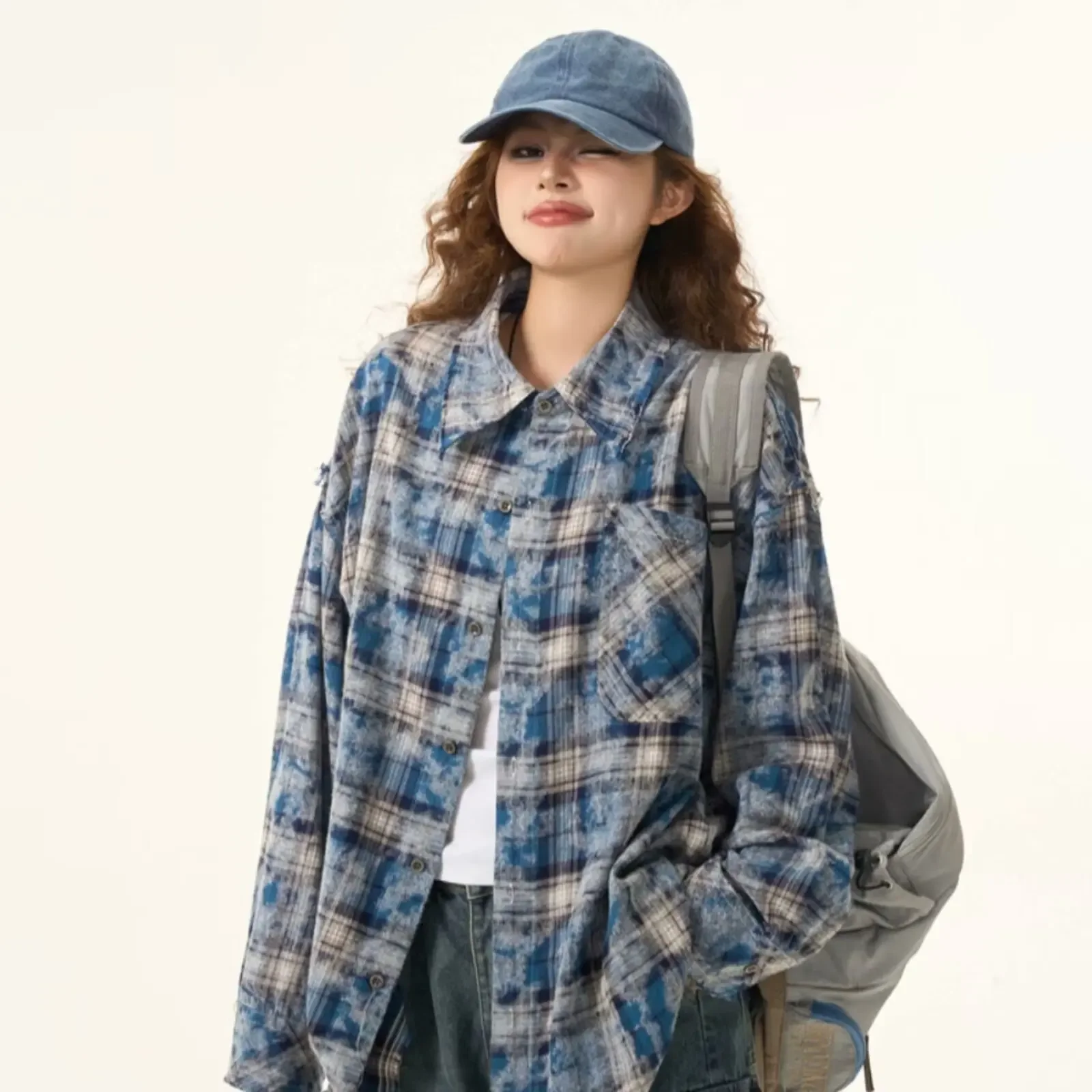 Trendy American Style Blue Plaid Shirt Jacket For Women Streetwear Autumn/Winter Fashionable Distressed Fringe Plaid Top