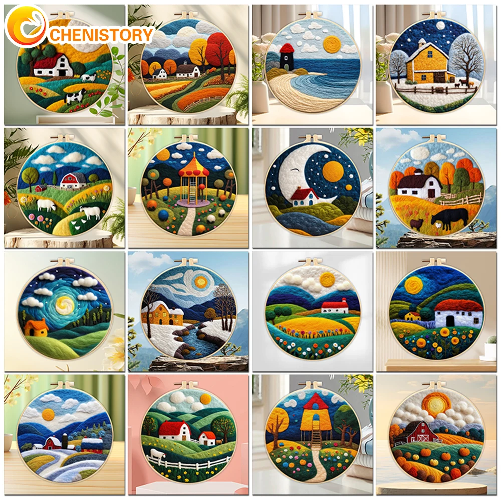 

CHENISTORY 20x20cm Frame Felting Needles Kit House Landscape Diy Felt Set Felting Needles Wool Felting Supplies For Mom Gift