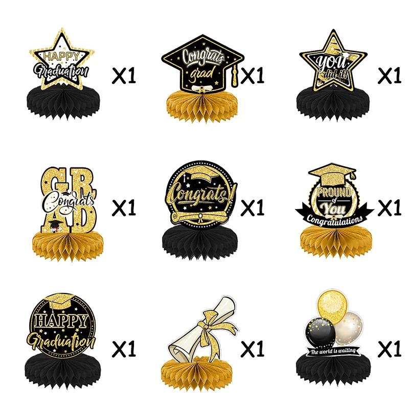 9pcs Graduation Decorations Supplies Grad Honeycomb Centerpiece Graduation Table Topper Party Favor Photo Booth Prop