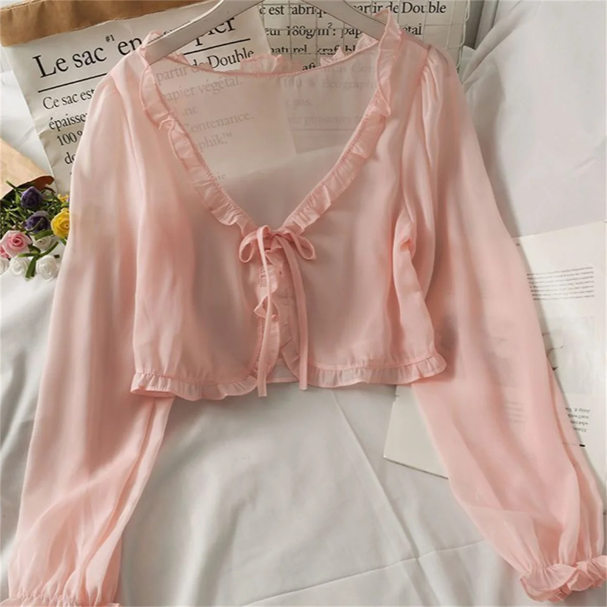 Damska cienka koszula z długim rękawem, koronką, kokardą, falbankami, chroniąca przed słońcem, na lato, kardigan, bluzka, topy dla kobiet.