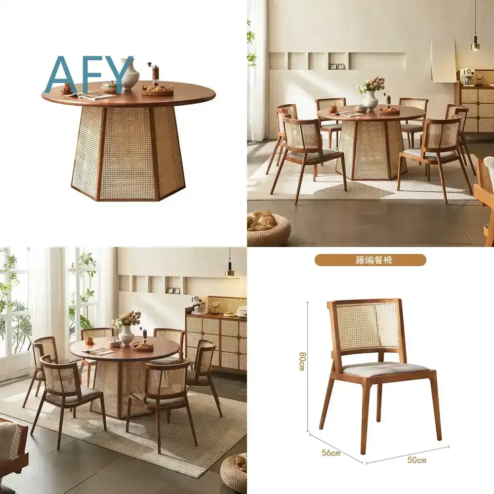 Medieval Style Solid Wood Restaurant Rattan Combination Nordic Hotel Large Round Table for Dining Room for Home for Cafe for