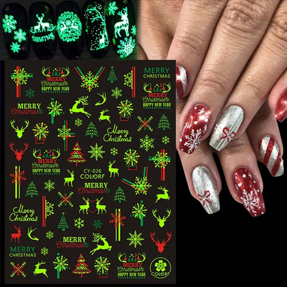 Unhas de Natal Adesivos Fluorescentes, Decoração Manicure, Papai Noel, Brilham no Escuro, Luminoso, DIY, Decalques