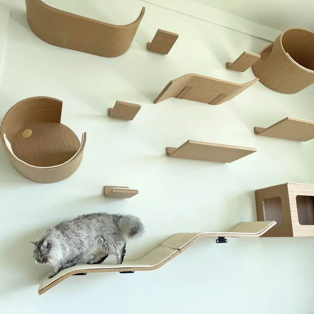 

Wall Mounted Cat Climbing Shelves Wooden Cat Tree and Perches Scratcher Sisal Ladder Indoor Cats Hammock and House Pet Furniture