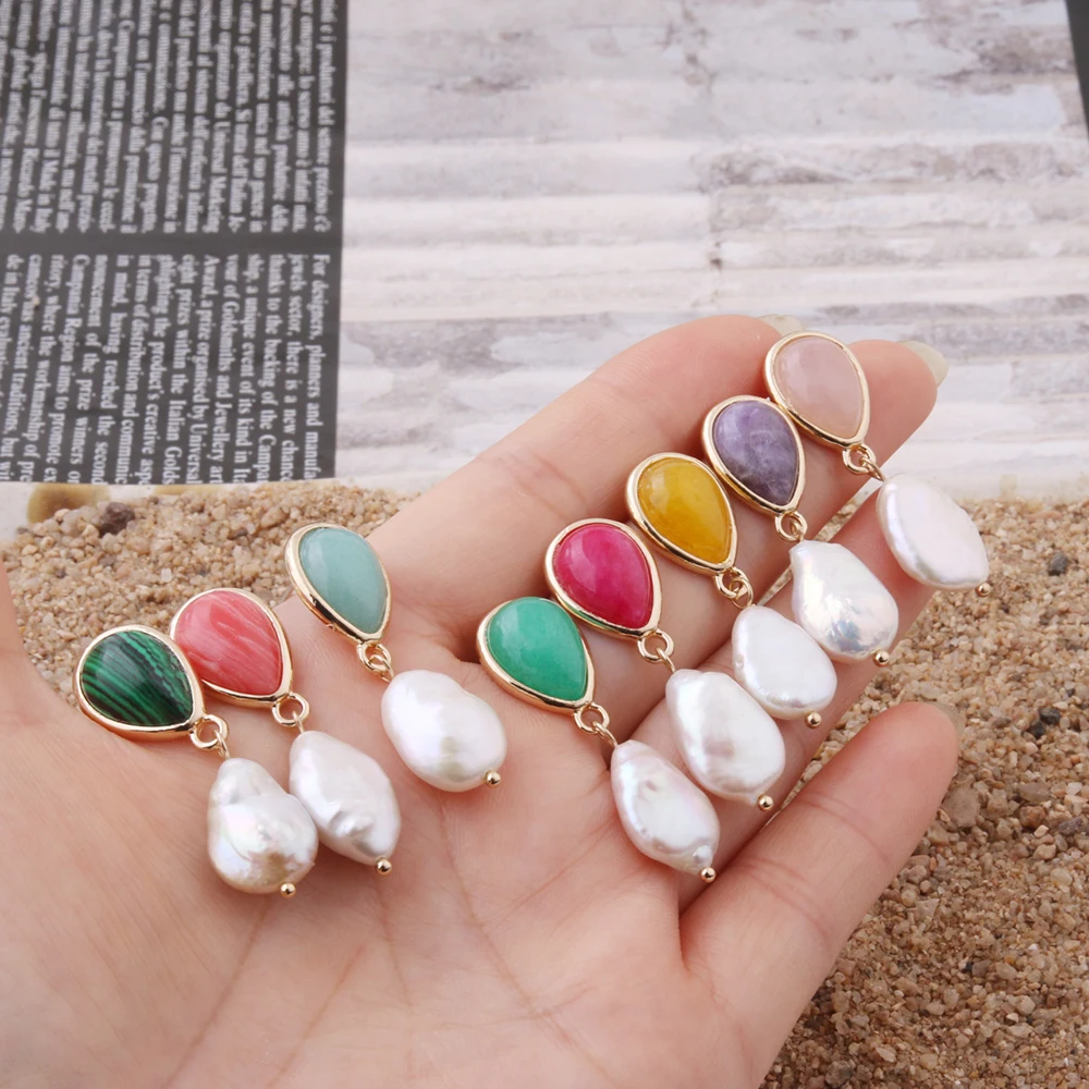 Trendy Natural Stone Freshwater Pearl Earrings For Woman Pink Crystal Stone Drop Hanging Brinco Geometry Party Charm Jewelry