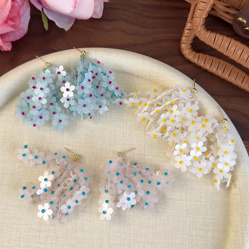 

Handmade White Pink Blue Color Resin Sequins Miyuki Strand Flower Tassel Long Drop Earrings for Women Holiday Jewelry