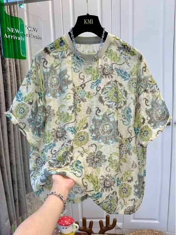 

Retro Floral Print Lightweight Chiffon Short Sleeve T-Shirt Women's Loose Fit Summer New Style Cool Feeling Korean Style Top