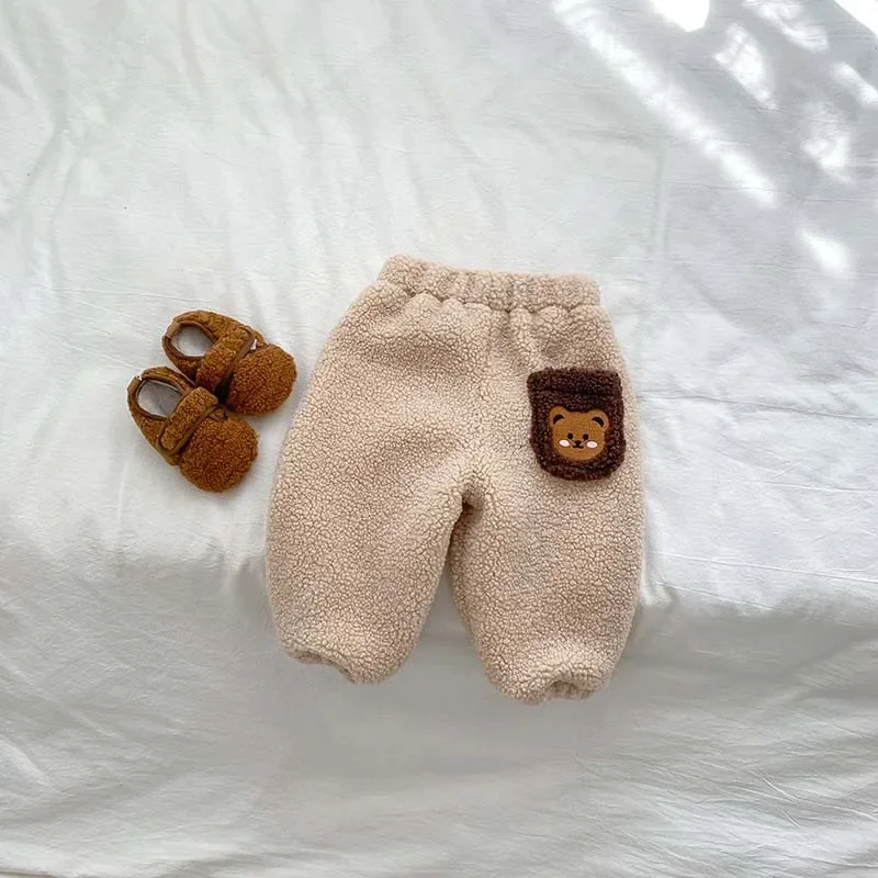 Winter Plush Thicken Warm Baby Pants Cute Bear 2023 Korean Toddler Plush Pants Double Layered Newborn Thick Outer Wear