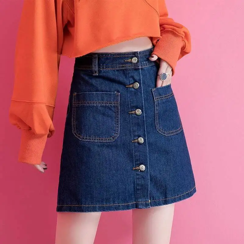 

Женские синие джинсовые мини-модные однобортные однобортные трапециевидные юбки с большим карманом в стиле ретро Mujer Faldas, новые микро-юбки Haruku с высокой талией