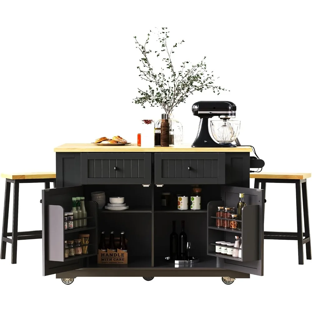 جزيرة مطبخ واسعة مع زوج من مقاعد البار، عربة مطبخ متنقلة تتميز بـ 5 عجلات، أرفف تخزين مدمجة، أوراق قابلة للطي #1
