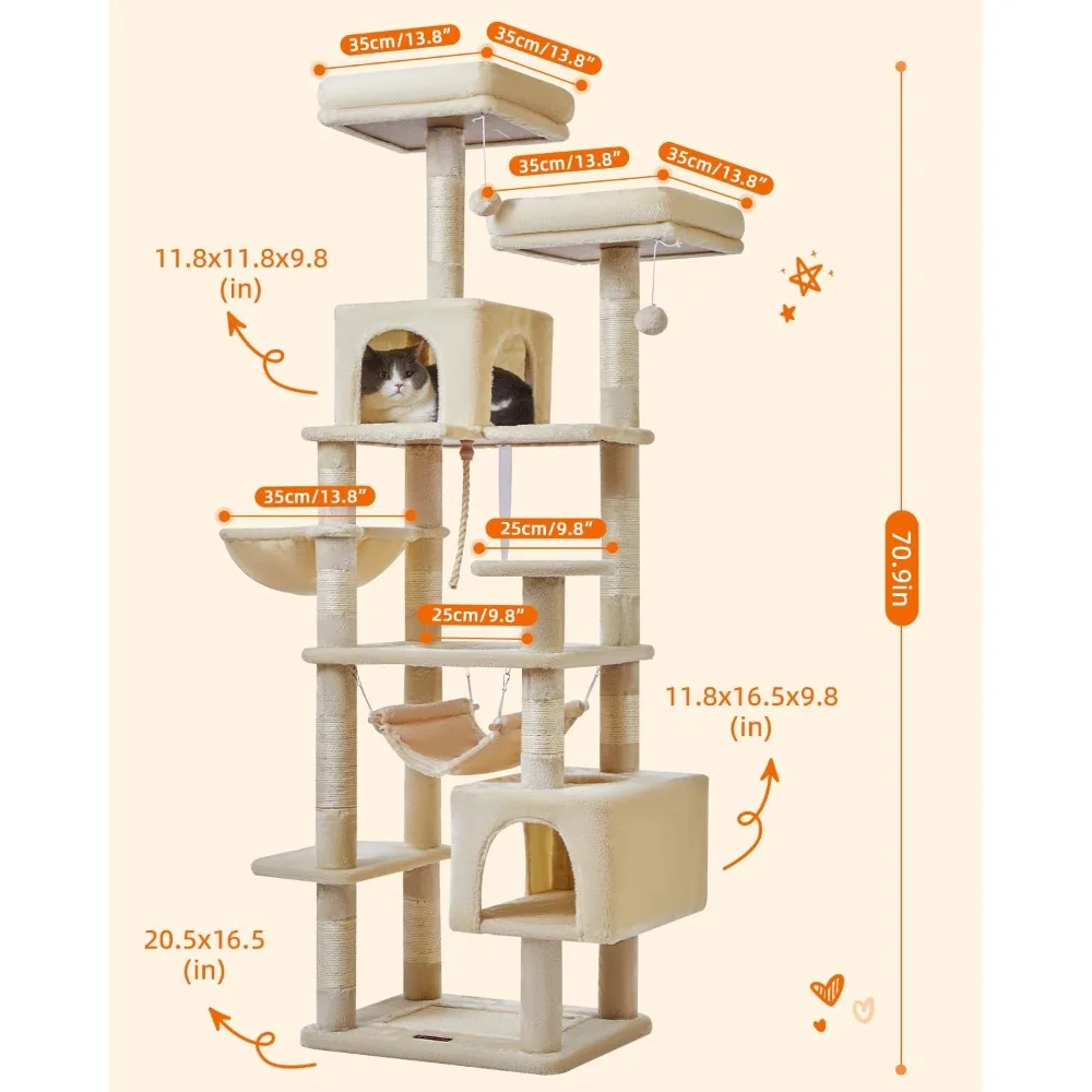 Plush Multi-Level Cat Tree Tower for Indoor, with Scratching Posts, Perches, Basket, Caves, Hammock, Cat Scratching Post