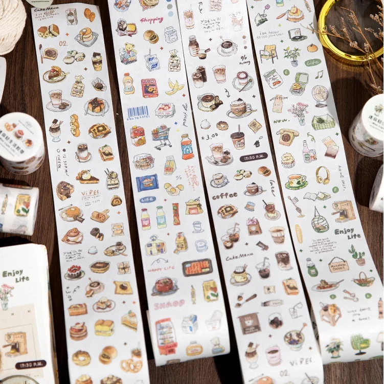 

4 Rolls of 6Cm×200Cm Mini Light Life-Themed Die-Cut Washi Tape, Easy to Tear, Food and Coffee-Themed Stickers, Suitable for DIY Crafts, Journals, Gift Box Packaging, Valentine's Day Gift Decoration