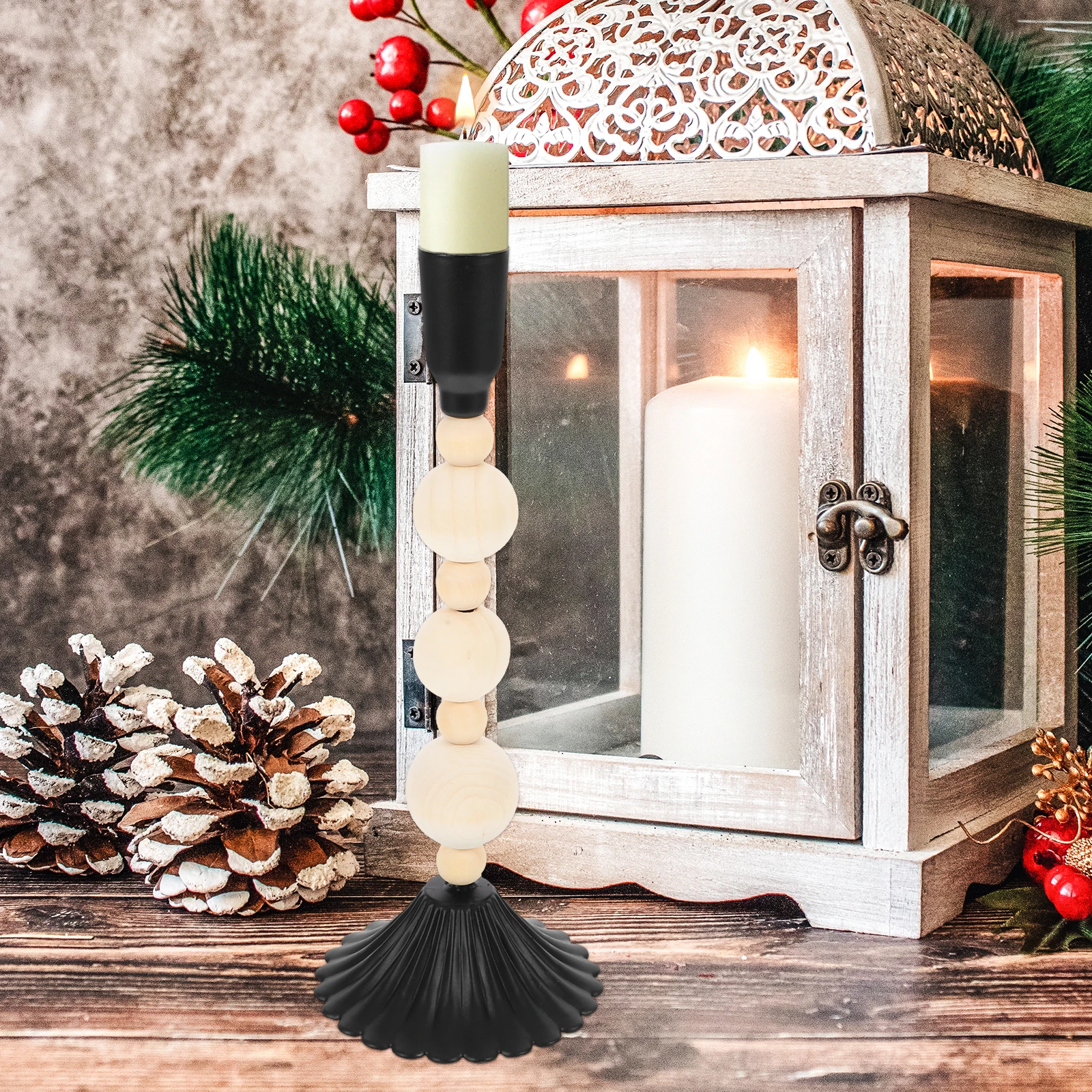 

Single Head Wooden Beaded Iron Candlestick Holder Black Vintage Farmhouse Stand Decorative for Living Room Table