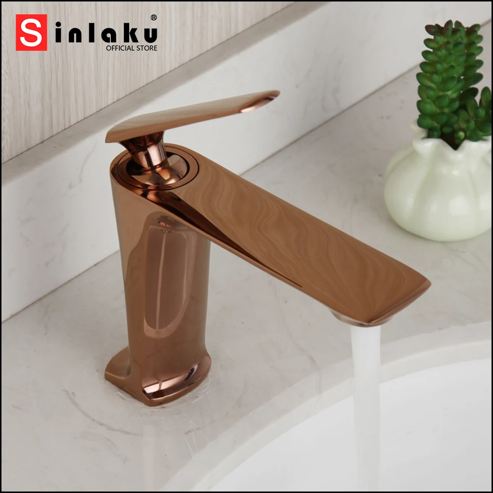 SINLAKU Pink Golden Bathroom Basin Faucet Solid Brass Rose Gold Plated Vanity Sink Mixer Tap Stream Spout Deck Mounted Faucet