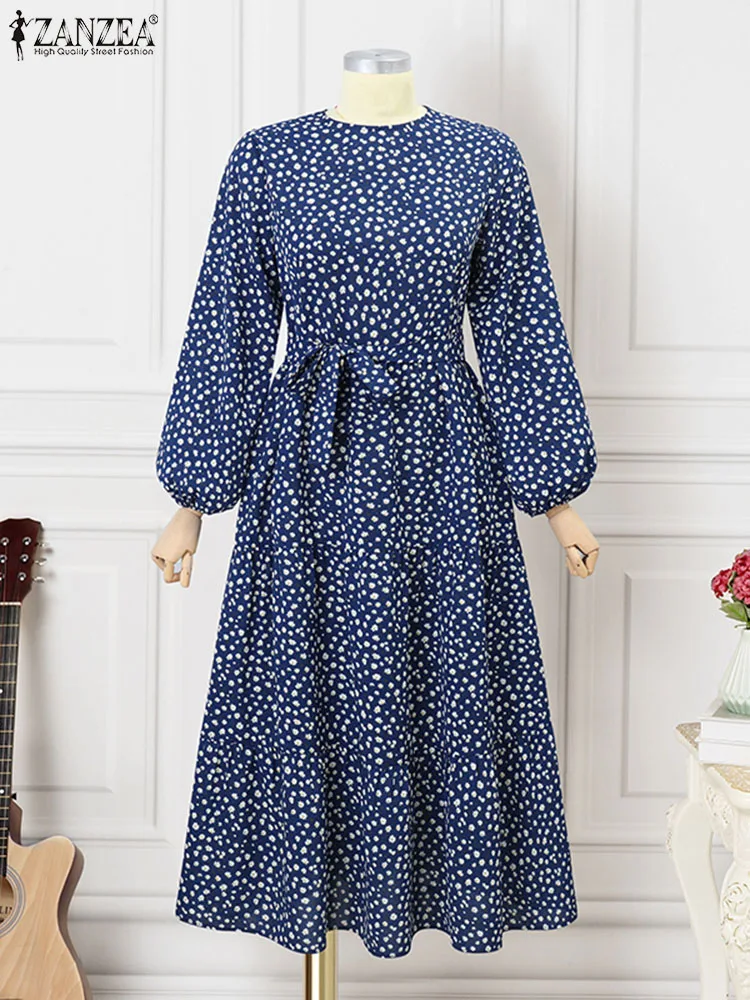 ZANZEA-vestido musulmán de Hijab turco para mujer, Vestido largo de Dubái con estampado Floral, Túnica Maxi de manga abullonada, moda de otoño