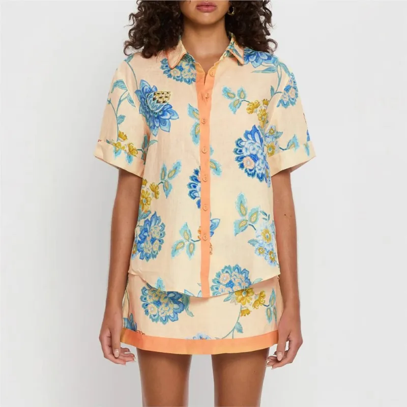 Summer Loose Print Women 2 Piece Set Outfit 2025 Vintage Short Sleeve Shirt With High Waist Mini Skirt Set Streetwear