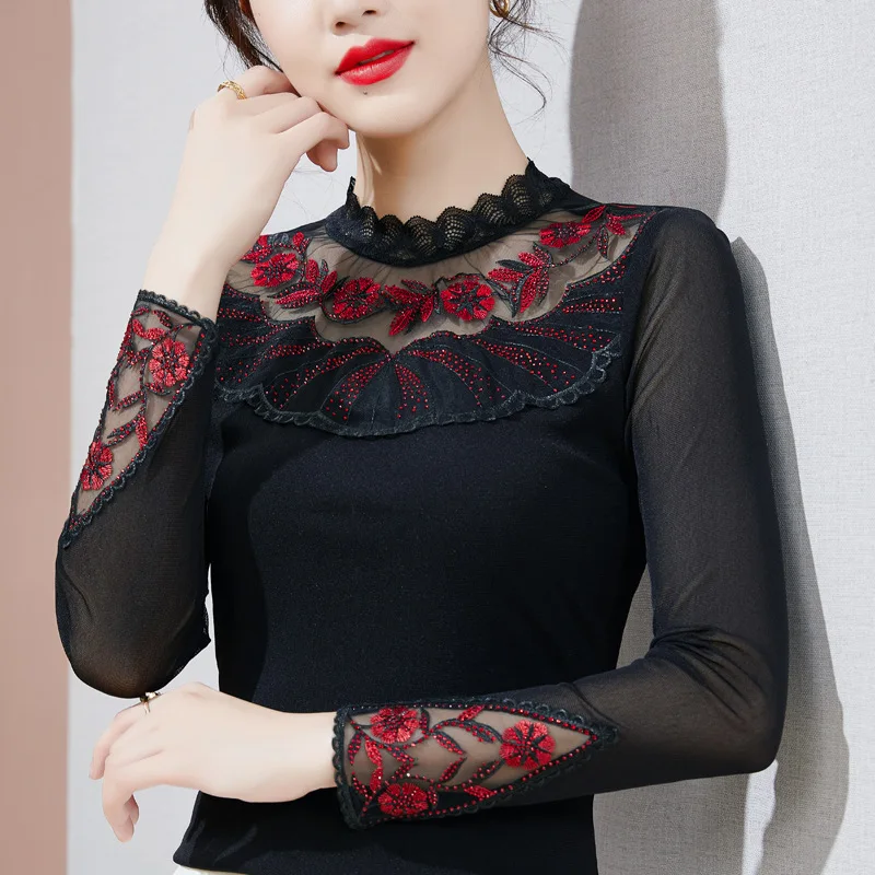 M-4XL SALE Women Shirt 2024 Autumn Long Sleeve Mesh T-Shirt Elegant Slim Hollow Out Embroidered Elasticity Lace Tee Tops