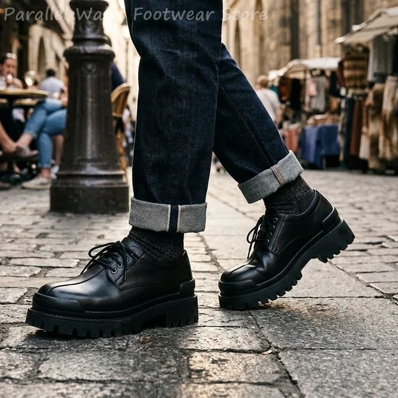 Men Chunky Platform Derby Shoes Center Seam Toe Bumper Thick Lug Sole Lace Up Punk Gothic Streetwear Casual Oxfords Dress Shoes