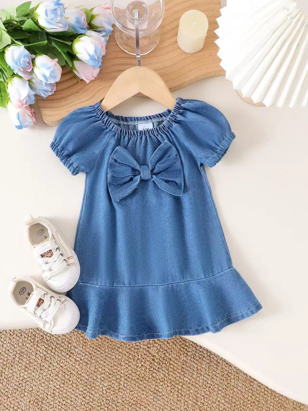 2026 New Arrival Girls Summer Denim Dress Puff Sleeve Bow Decoration Ruffled Hem Kids Casual Party Dress for 6M-3Y