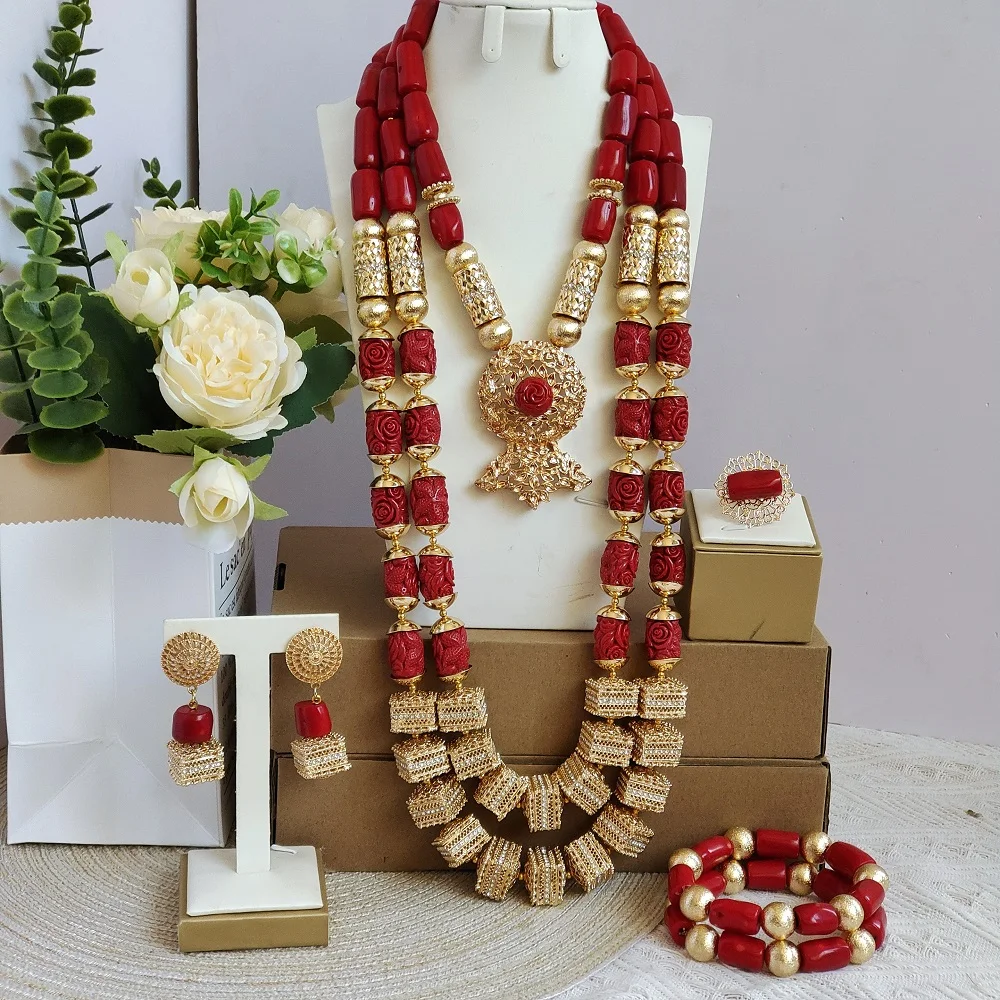 Laanc red original coral beads jewelry set for women