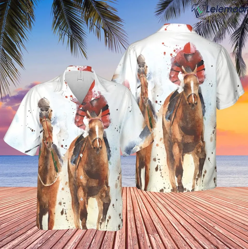 Hawaiian Shirts for Men Horse Race Print Shirts Fascinating Beach Short Sleeve Summer Casual Button Up Shirts