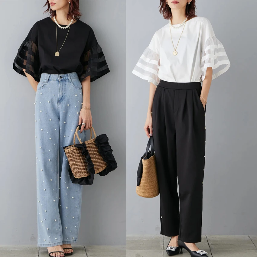 ゆったりとしたレディースファッションセット、フレアスリーブとパッチワークシフォンのトップスとパンツ、9点セット、2024年夏、ラウンドネック半袖