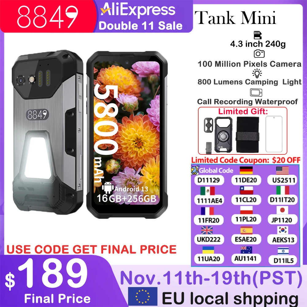 8849 Tank Mini Unihertz Smartphone robusti Display da 4,3 pollici Android 13 Helio G99 24GB 256GB 100MP Fotocamere 5800mAh NFC Impermeabile