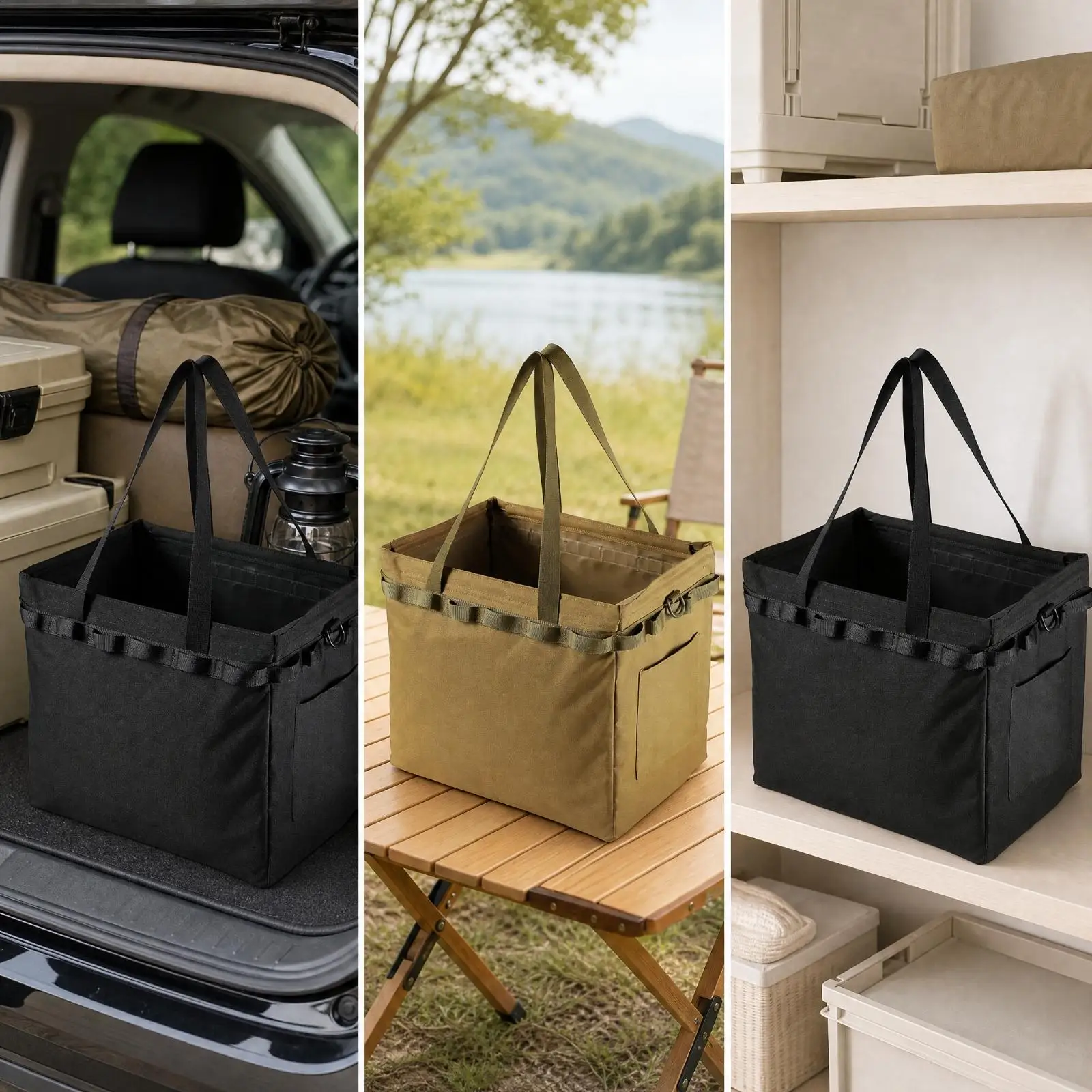 Space Saving Foldable Tote Bag for Vehicle Trunk Organization Outdoor Equipment Carrier with Side Pockets