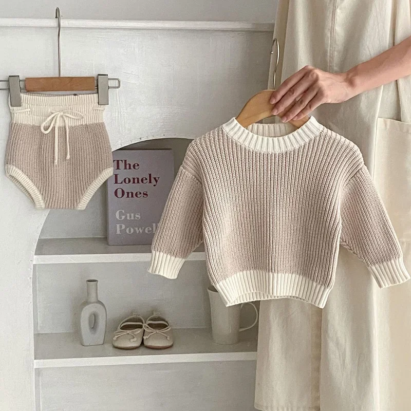 

INS Autumn Baby Clothes Set 0-3Years Newborn Boy Girl Long Sleeve Pullover Knitted Sweater High Waist Bloomer Short 2PCS Outwear