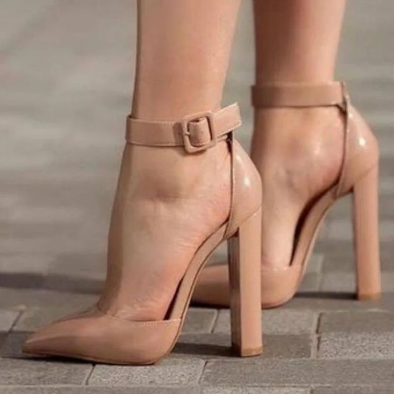 

Big Buckle Strap Pointed Toe Women Chunky Heel Pumps Black Nude Patent Leather Hollow Modern Runway Shoes Square Heels