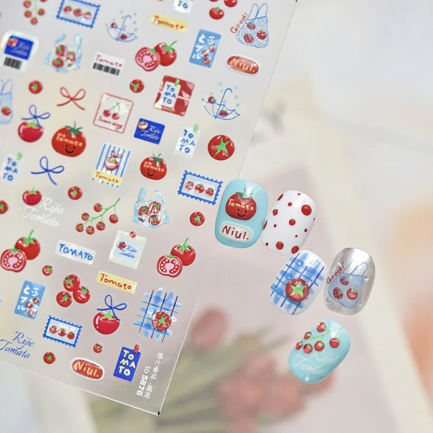 Cute Fruit Element Nail Decals 5D Funny Tomato Expression Grid Tag Frame Net Tote Bag Bow Nail Art Stickers Manicure Accessorie
