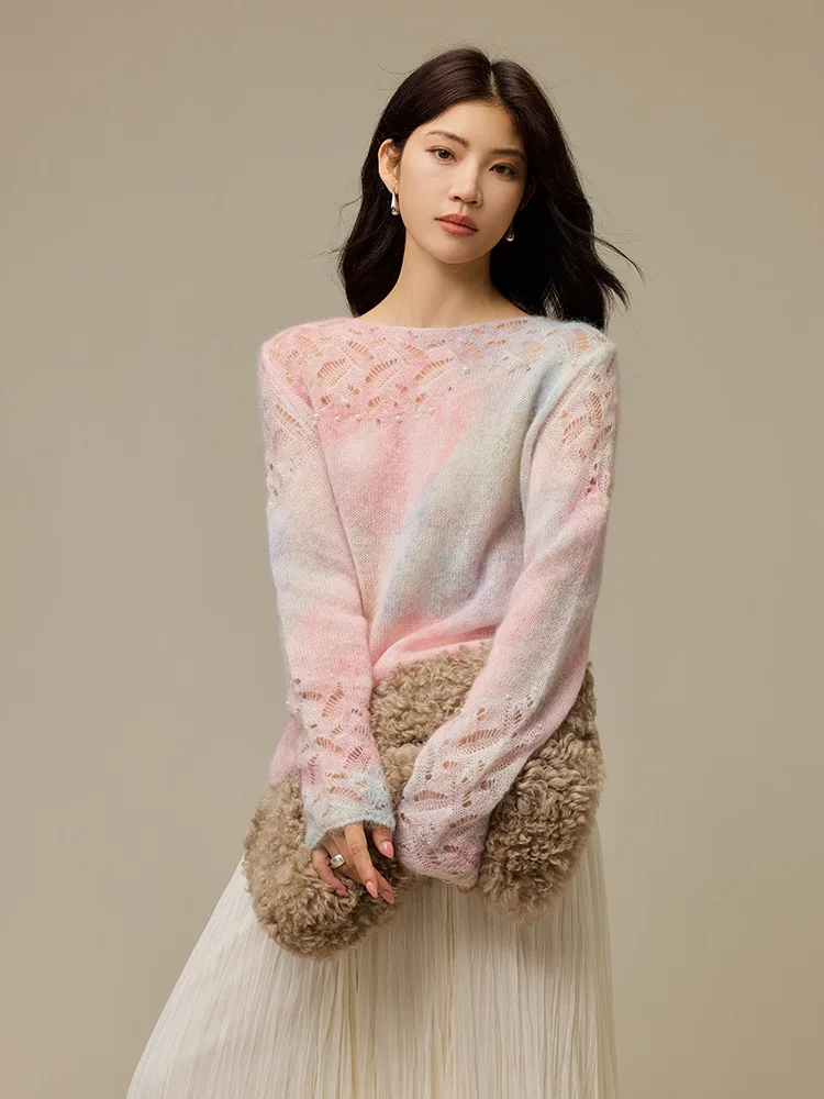 Gradient Mohair Wool Blend Sweater Autumn Women Beaded Hollow-out Long Sleeve Thin Knit Top elegant