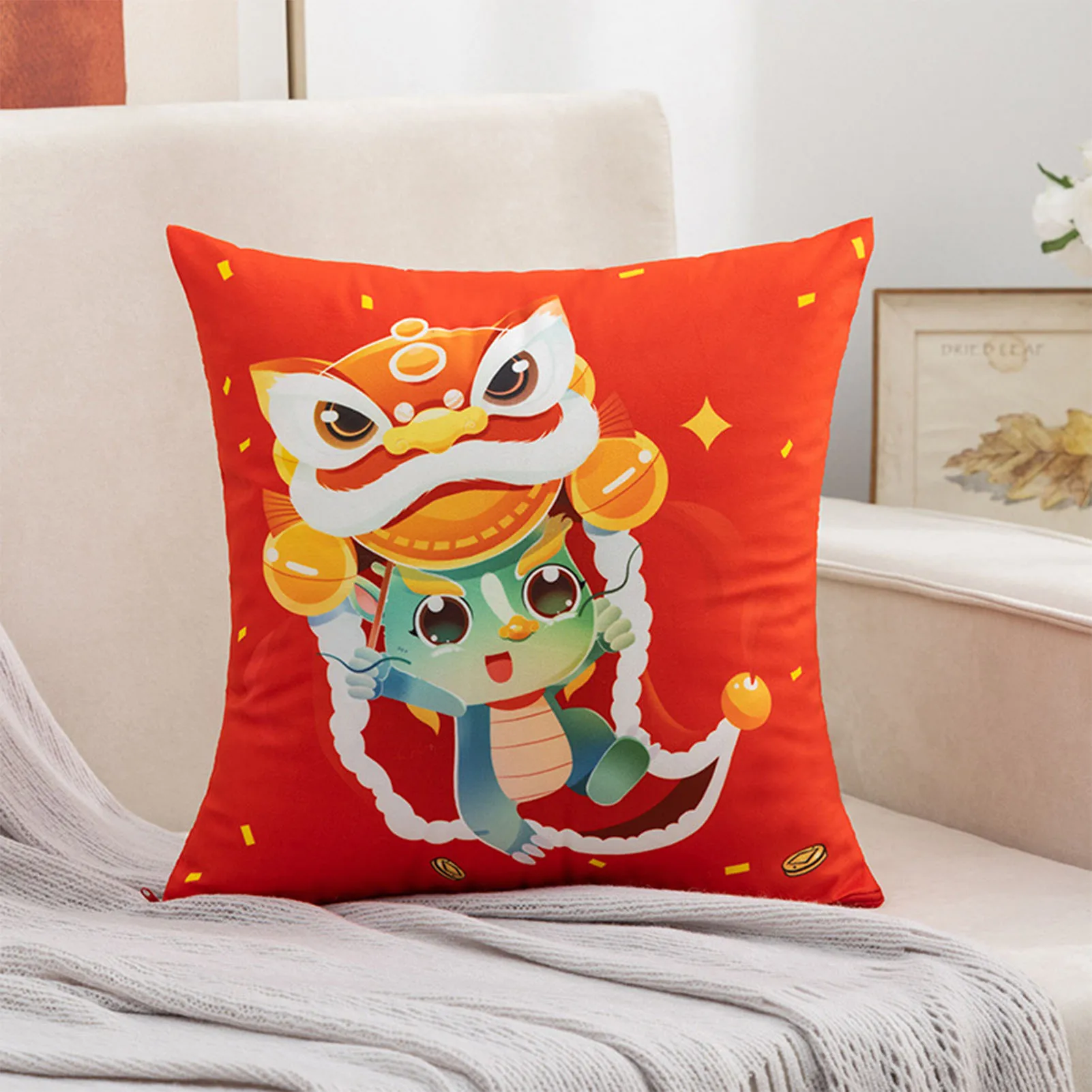 Square Throw Pillow Cover Pillowcase with Jubilant Year of the Dragon Pattern for Sofa Bedroom Car Festival Decor