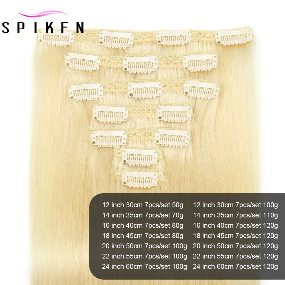 Spikfn-ナチュラルブロンドクリップエクステンションストレートクリップ、サロン用フルヘッドヘアピース、12〜24インチ、セットあたり7個