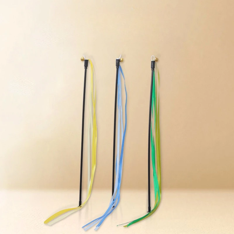 3PCS Short Handle Colorful Ribbon Cat Wand Toys Interactive Cat Toy Teaser Wand String Kitten Training Toy
