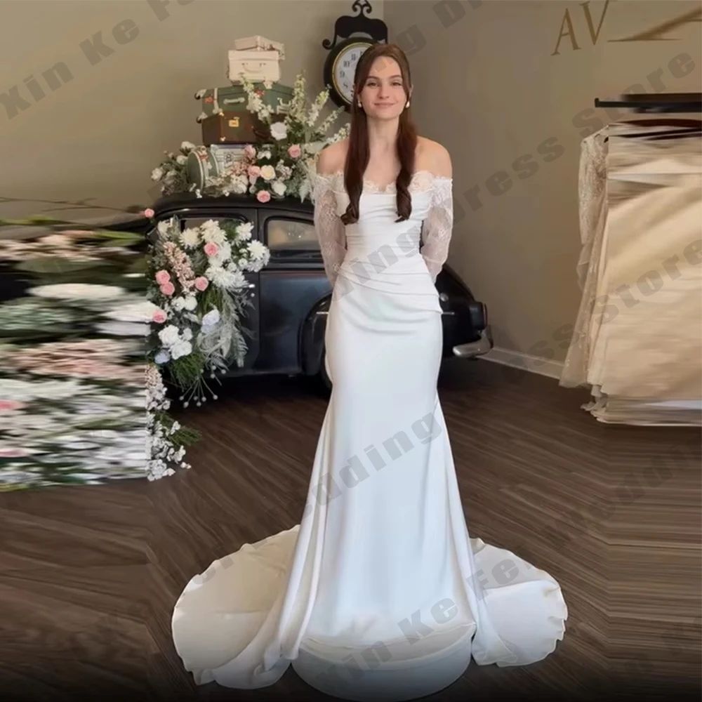 

Атласные кружевные свадебные платья русалки 2026 с открытыми плечами и длинными рукавами, свадебное платье, платья невесты по индивидуальному заказу 웨딩드레