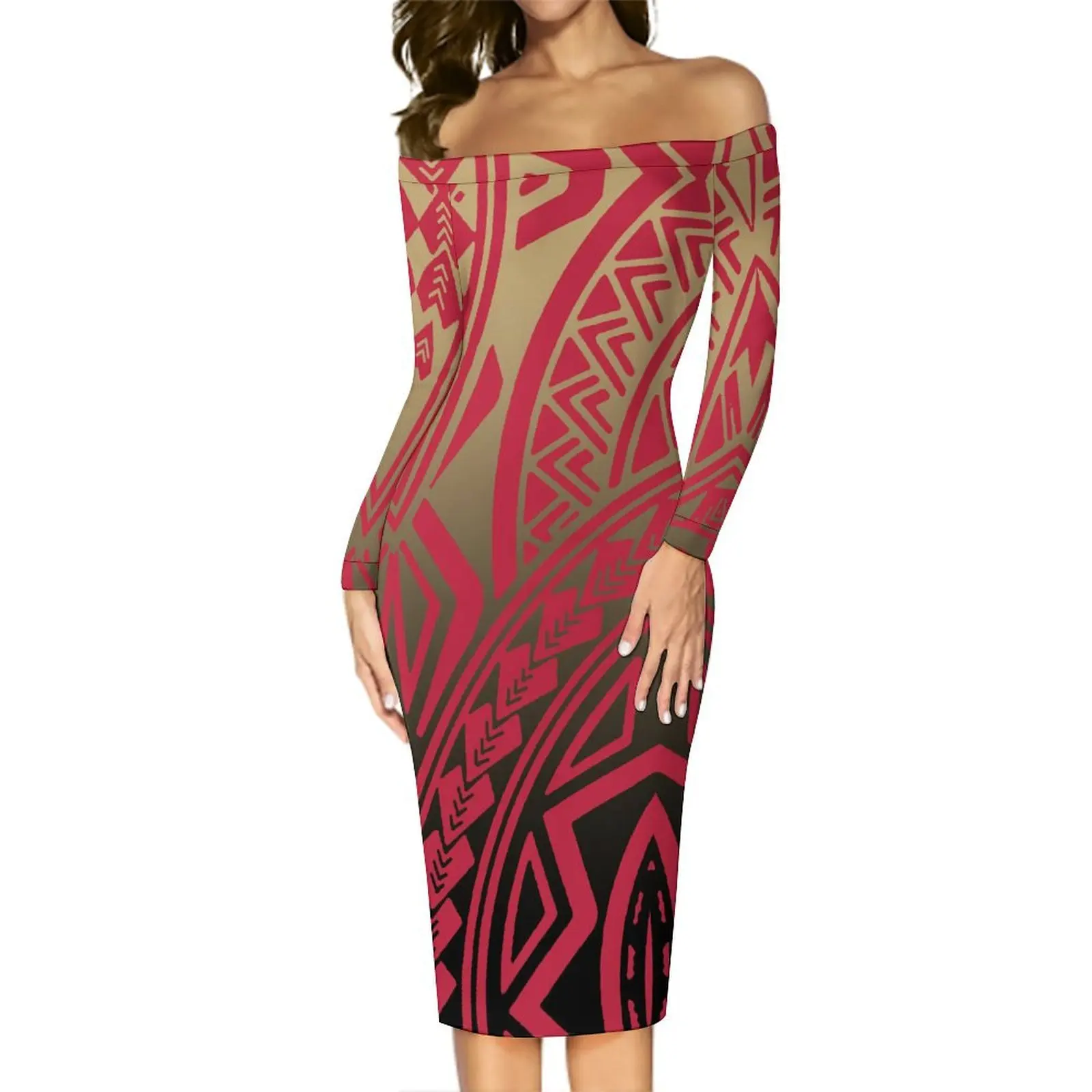 Polynesian Islands Design Art Print Women'S Off-The-Shoulder Sheath Dress Samoan Women'S Dinner Sexy Evening Dress