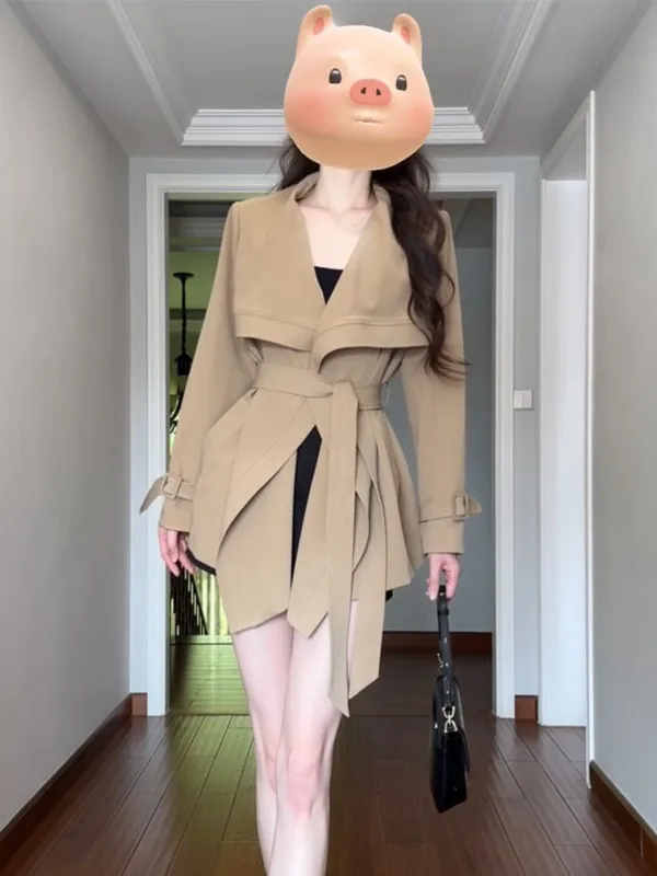 

Fashionable Elegant Women's Long Coat with Large Collar Belted Color Korean Style Slim Fit Mid-Length Commute Wear