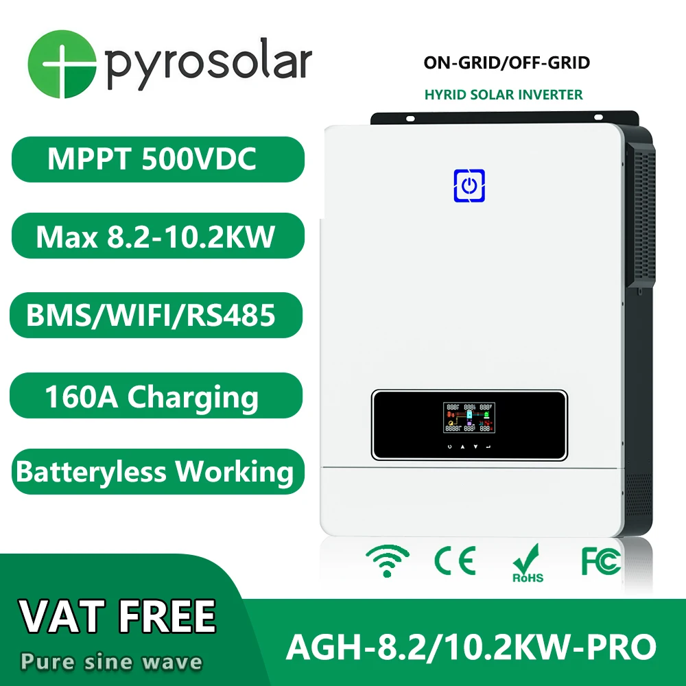 Pyrosolar Inverter hibrida tenaga surya, 8.2kW 10,2 kW 48V DC 220V AC Output beban ganda 2 MPPT 160A gelombang sinus murni Max PV