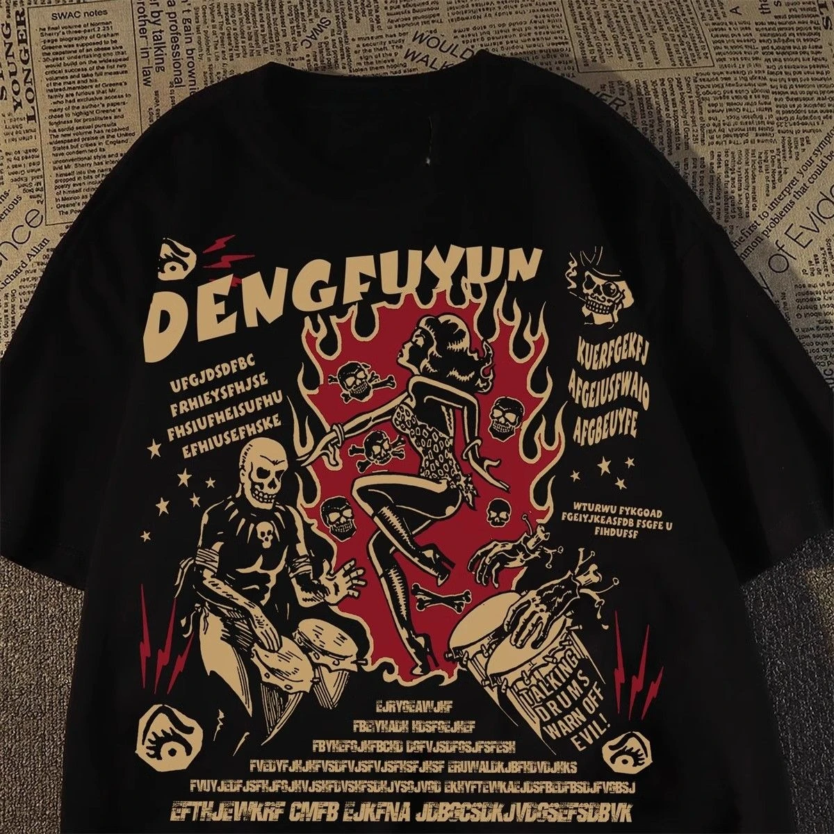 Neue Mode Retro Totenkopf-Print Hochwertige Baumwolle Sommer Unisex Mode Locker Sitzende Atmungsaktive Rundhals-Kurzarm-Oberteil