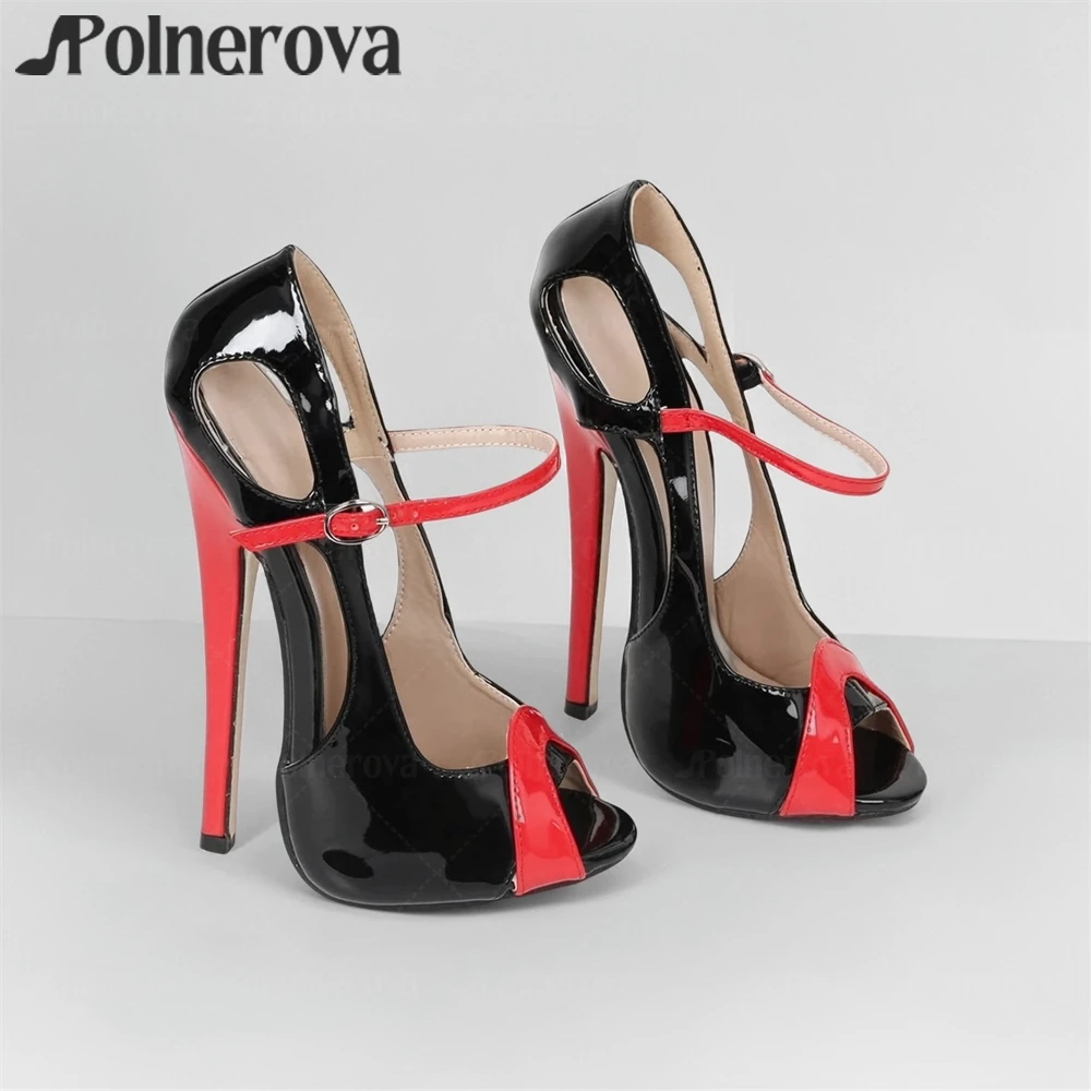 

18cm Peep Toe Black Red Sandals Sexy Style Extreme Stilettos Buckled Hollow Summer Sandals Fetish Custom High Heels for Women