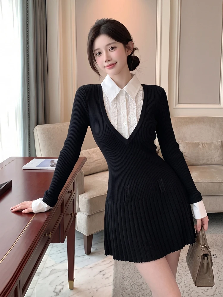 Korean Style Pure Desire Miniature Plaid Shirt Collar Pleated Skirt Sexy Girl Slimming Age Reduction Dress Casual Long Sleeve