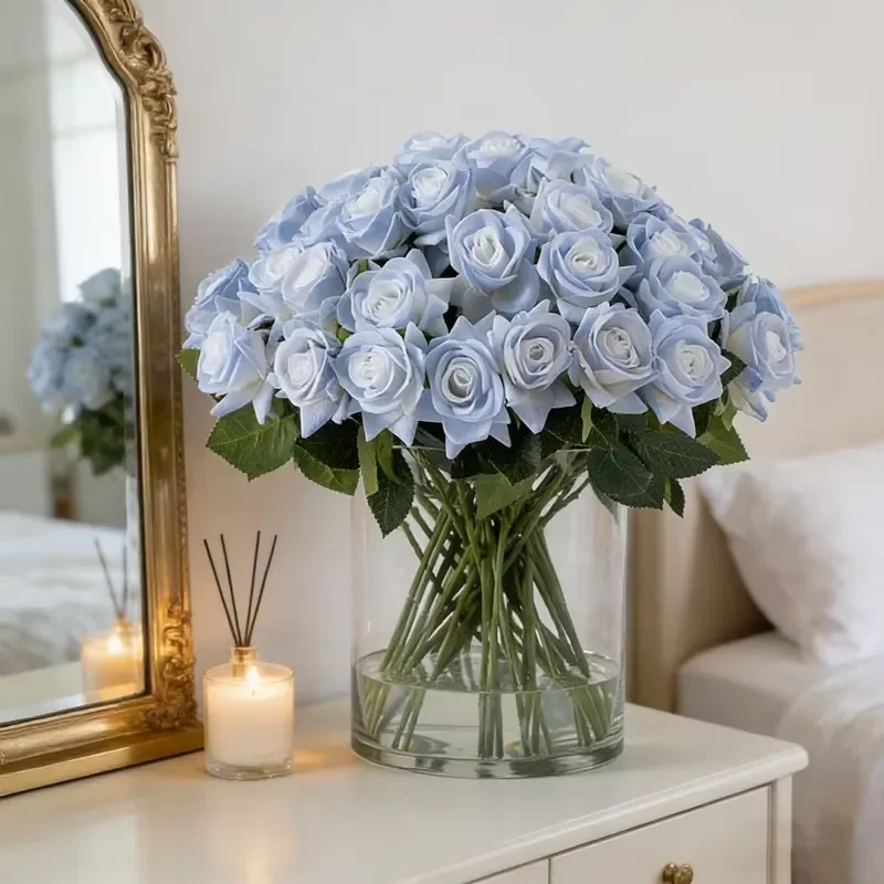 Light Blue Artificial Rose Round Glass Vase Nordic Style Hotel Decorative Flower Arrangement Cross Border Supply Home