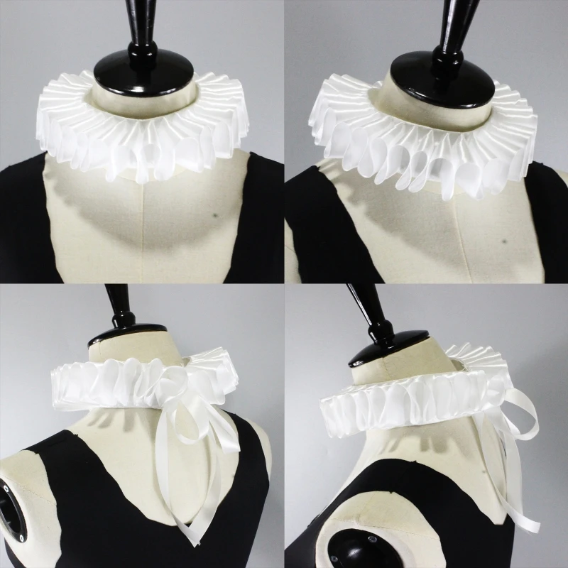 Women Romantic Ribbon Bow Ruffled Fake Collar Victorian Renaissance Neck Ruff White Satin Clown Choker Cosplay Drop Shipping