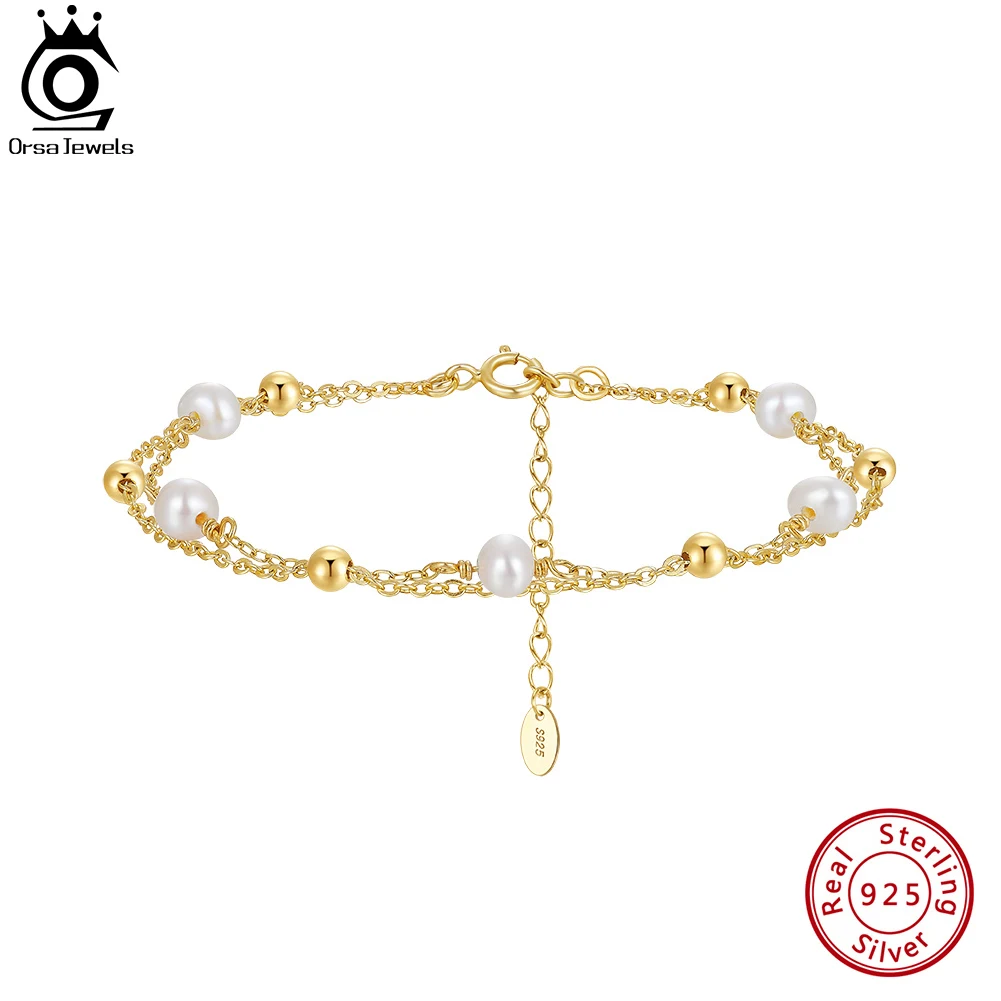 

ORSA JEWELS 925 Sterling Silver Natural Baroque Pearls 14K Gold Bracelet for Women Chain Fashion Vintage Fine Jewelry GPB32