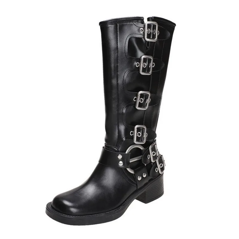 Metal Buckle Square Toe Gothic Boots Women Black PU Leather Punk Long Boots Woman Chunky Heels Motorcycle Booties Cowboy Boots