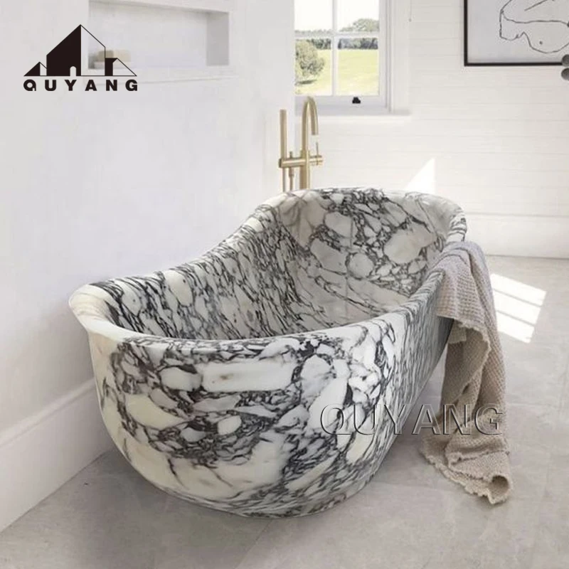 

QUYANG Indoor Bathroom Hotel Home Decoration Natural Stone Carving Bath Tub Freestanding Marble Bathtub