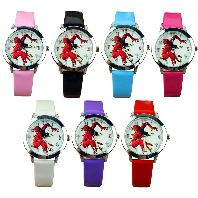 Miniso Anime Cartoon Marvel Spiderman Boys Students Round Quartz Luminous Watch Children Leather Belt Wristwatch Christmas Gift