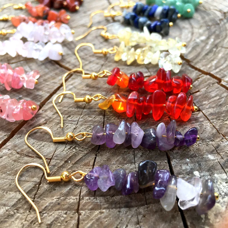 Natural Tumbled Stone Dangle Earrings for Women Colorful Crystal Drop Hook Earring Chakra Healing Gemstone Chip Ear Jewelry