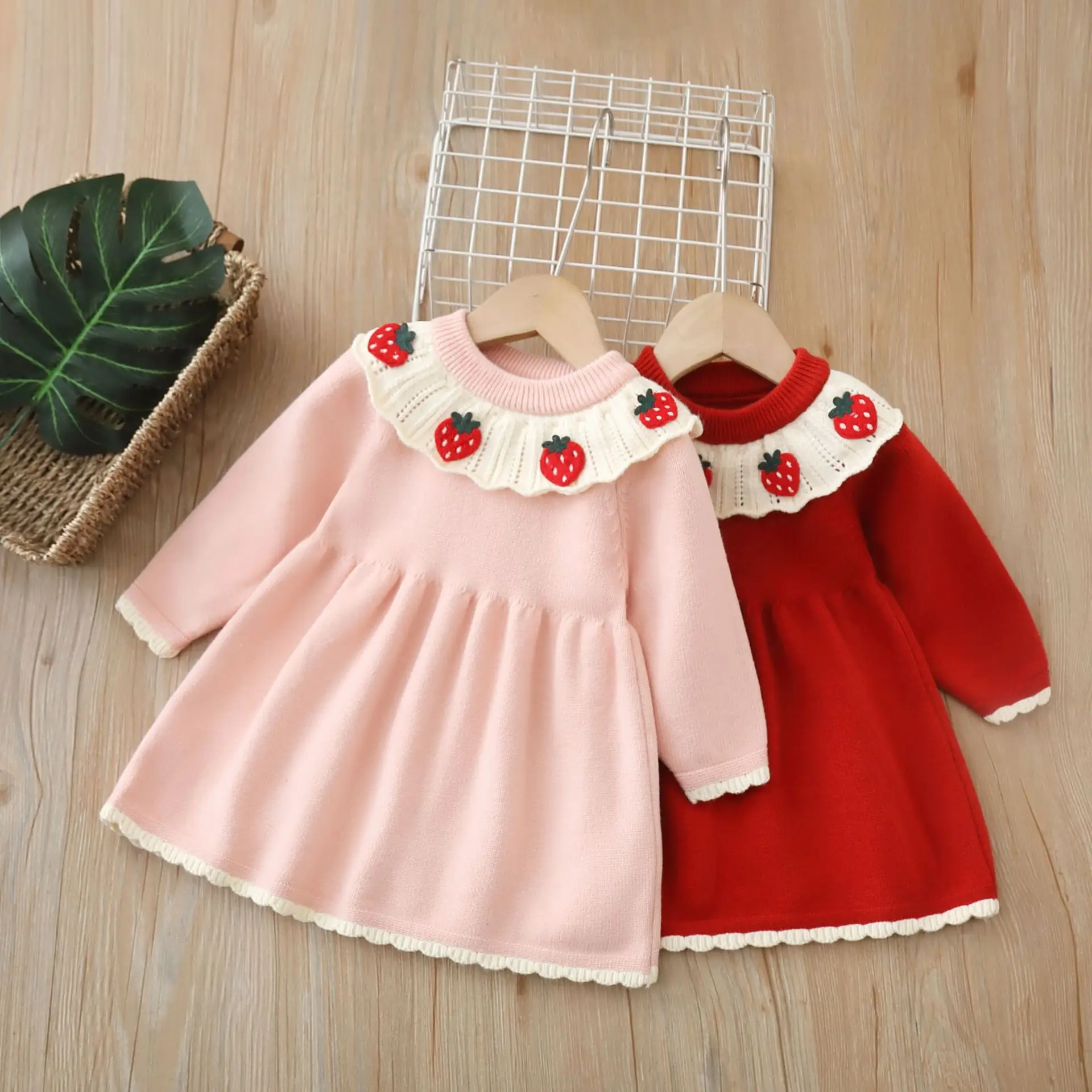 newyears Clothes Strawberry embroidery Round-neck  Knitted Sweater long sleeve skirt Sweater Fall/Winter Girls Christmas Dress